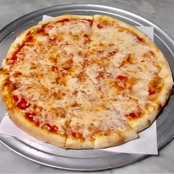 A whole Soprano's Pizza cheese pizza, sliced and served on a metal tray.